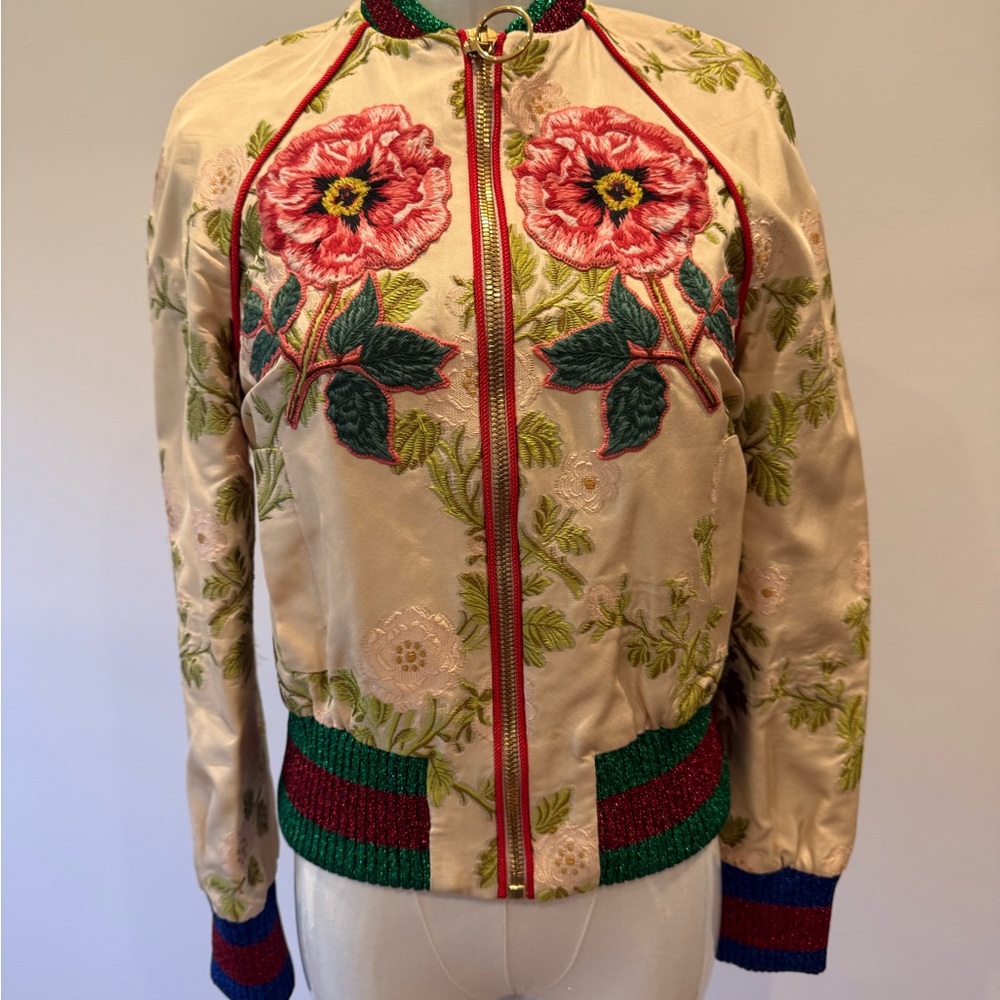 Gucci Cream Bomber Jacket with Red Floral Embroidery